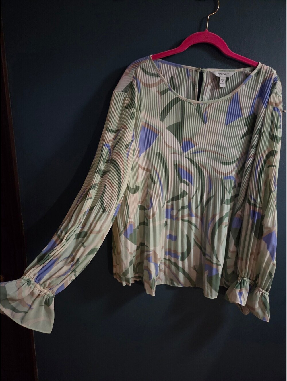 Nine West Pleated Long Sleeve Blouse with Abstract Pattern